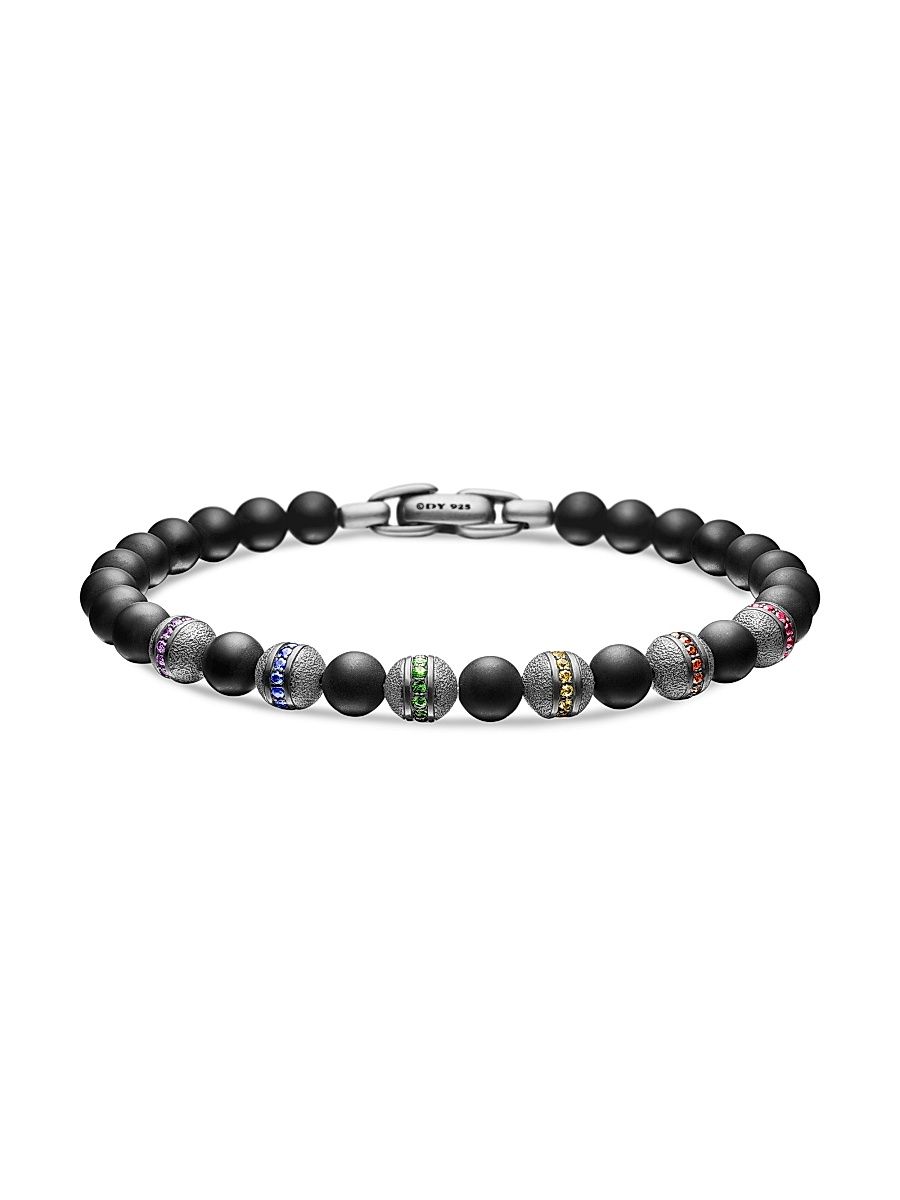 Men's Spiritual Beads Rainbow Bracelet with Black Onyx, Pavé Sapphires and Tsavorites - Black Onyx - Size Medium