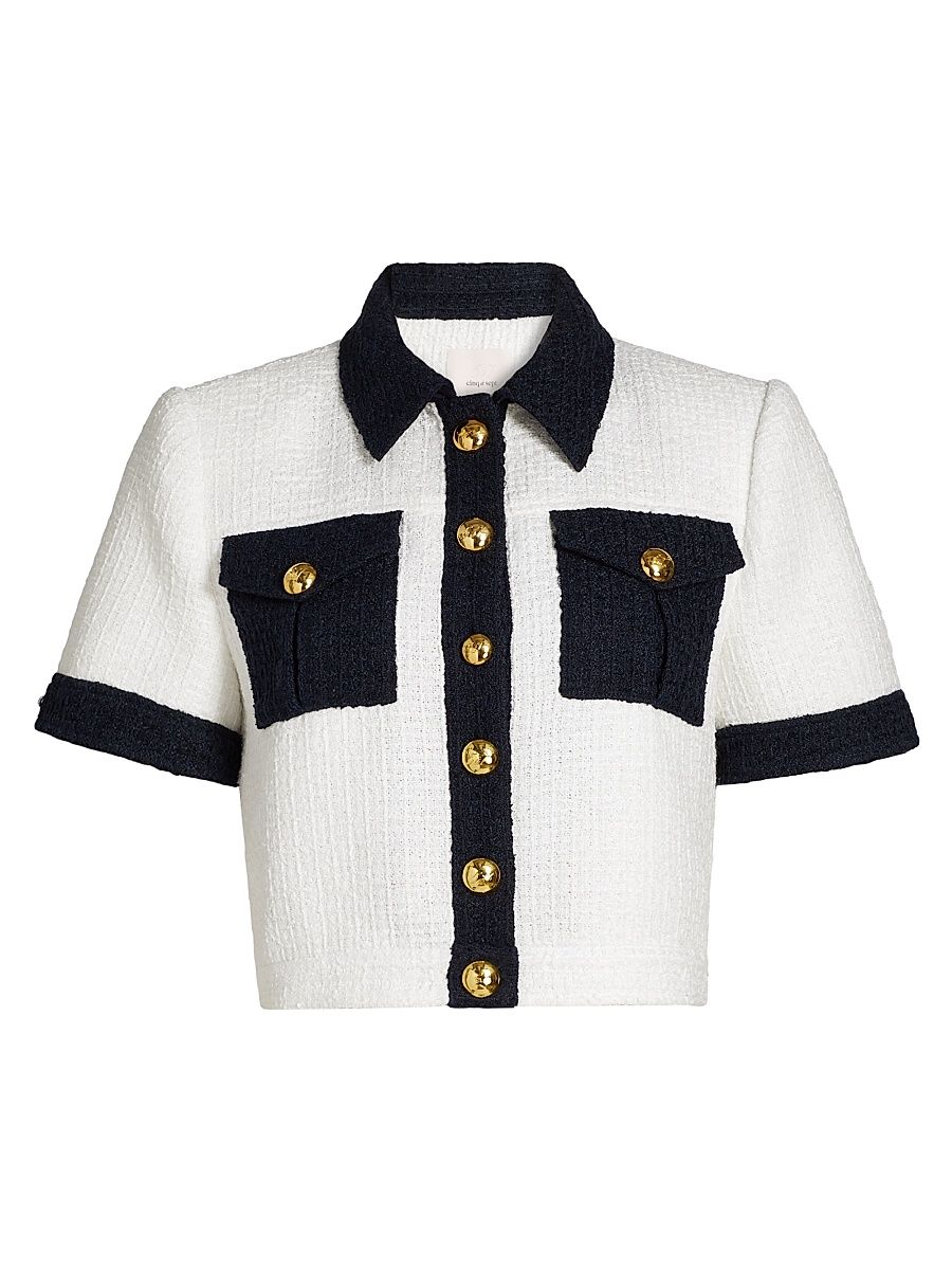 Women's Nissy Bicolor Tweed Cropped Jacket - White Navy - Size 12