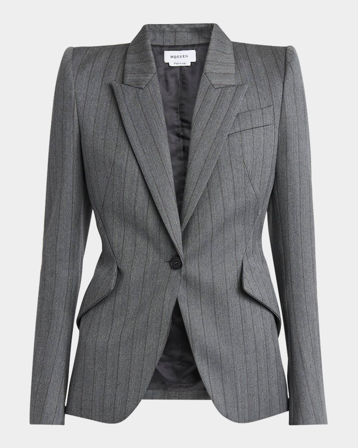 Herringbone Striped Single-Breasted Blazer Jacket