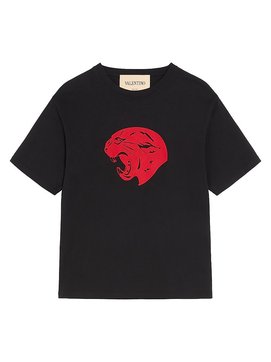 Men's Cotton T-Shirt with Panther Print - Black Red - Size Small
