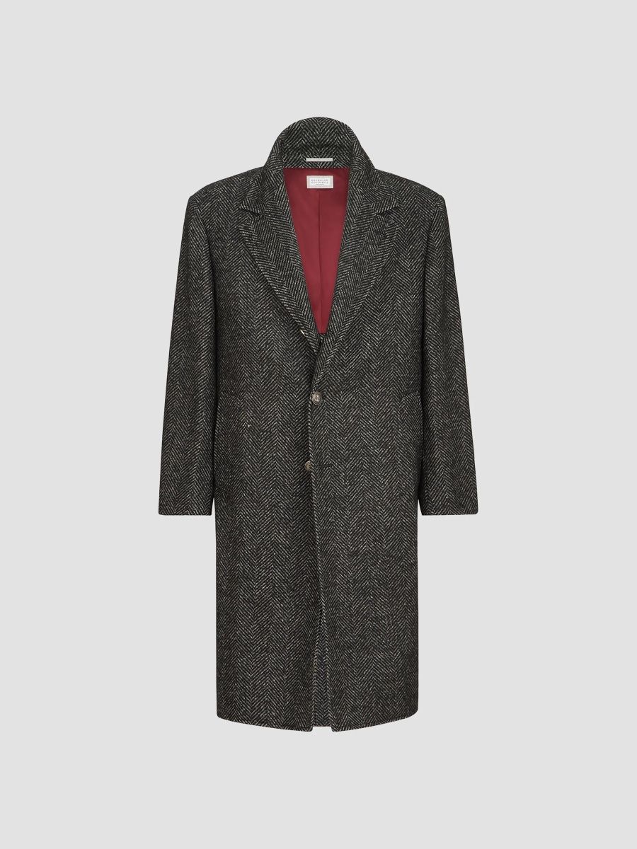 Brunello Cucinelli Men's Virgin Wool and Alpaca Chevron Coat with Metal Buttons - Dark Grey - Size 38