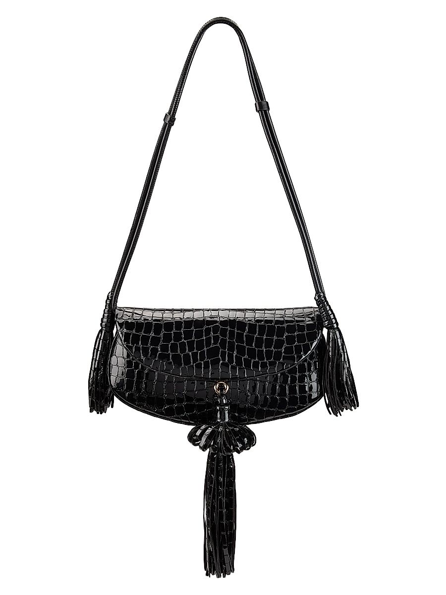 Women's Paloma Tassel Croc-Embossed Leather Shoulder Bag - Noir