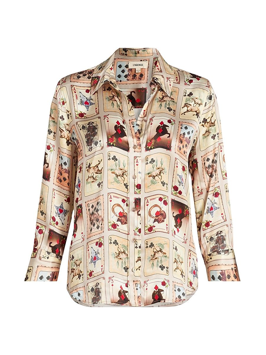Women's Dani Card Printed Silk Shirt - Tan - Size Medium