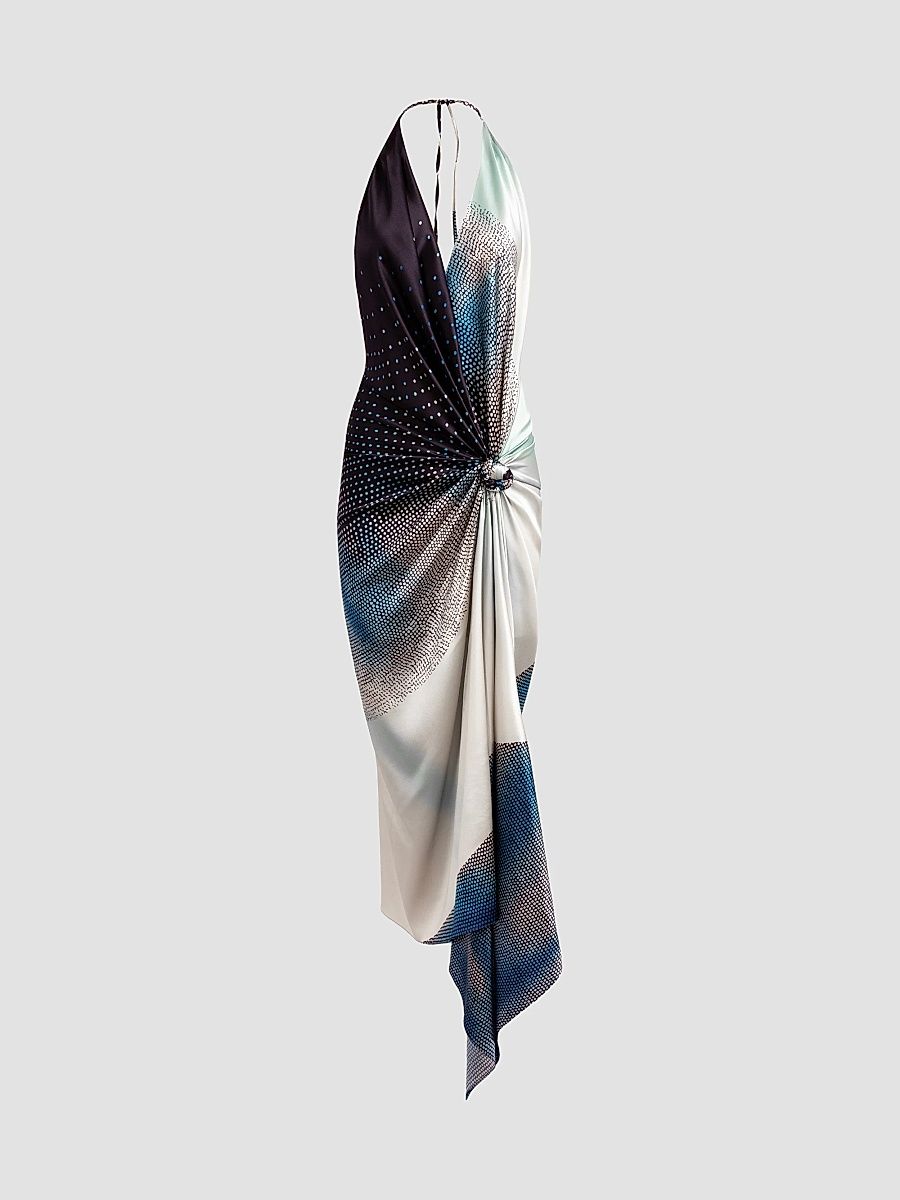 Women's Abril Printed Silk Halter Midi Dress - Navy - Size Medium