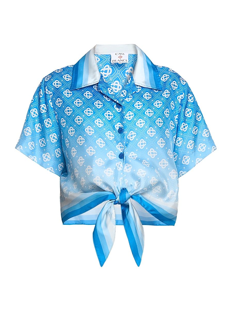 Women's Logo Silk Knotted Crop Shirt - Gradient Diamond Monogram - Size Medium