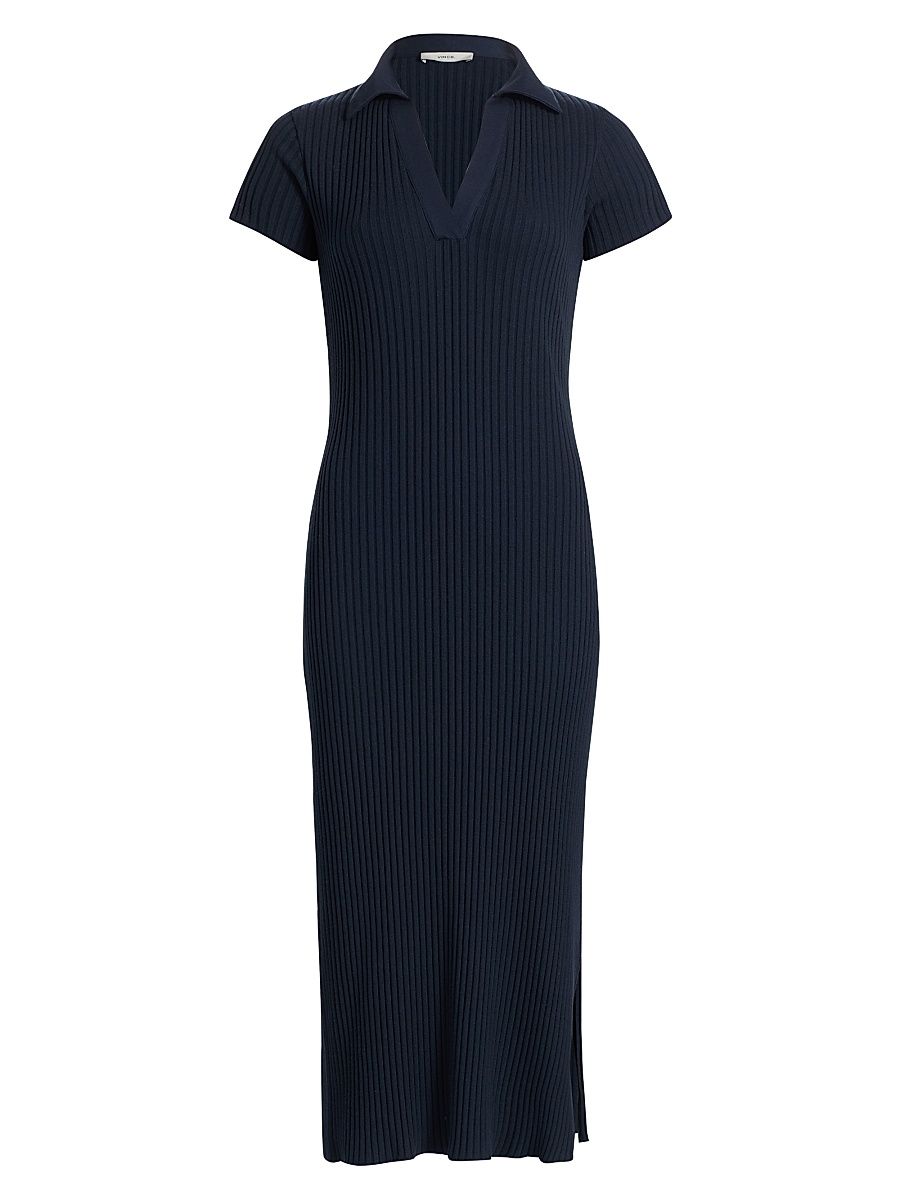 Women's Rib-Knit Cotton-Blend Polo Midi-Dress - Coastal - Size XXS