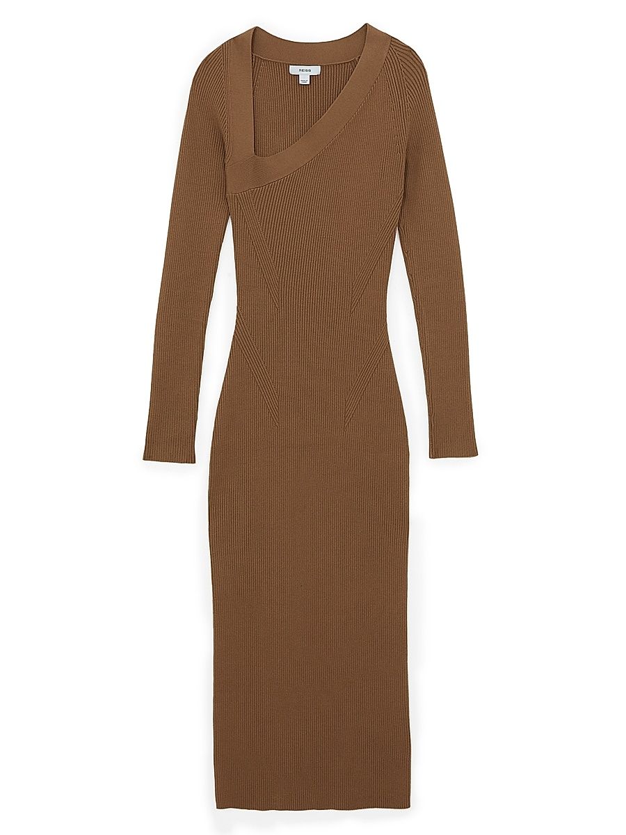 Women's Zeta Asymmetric Rib-Knit Midi-Dress - Camel - Size XL