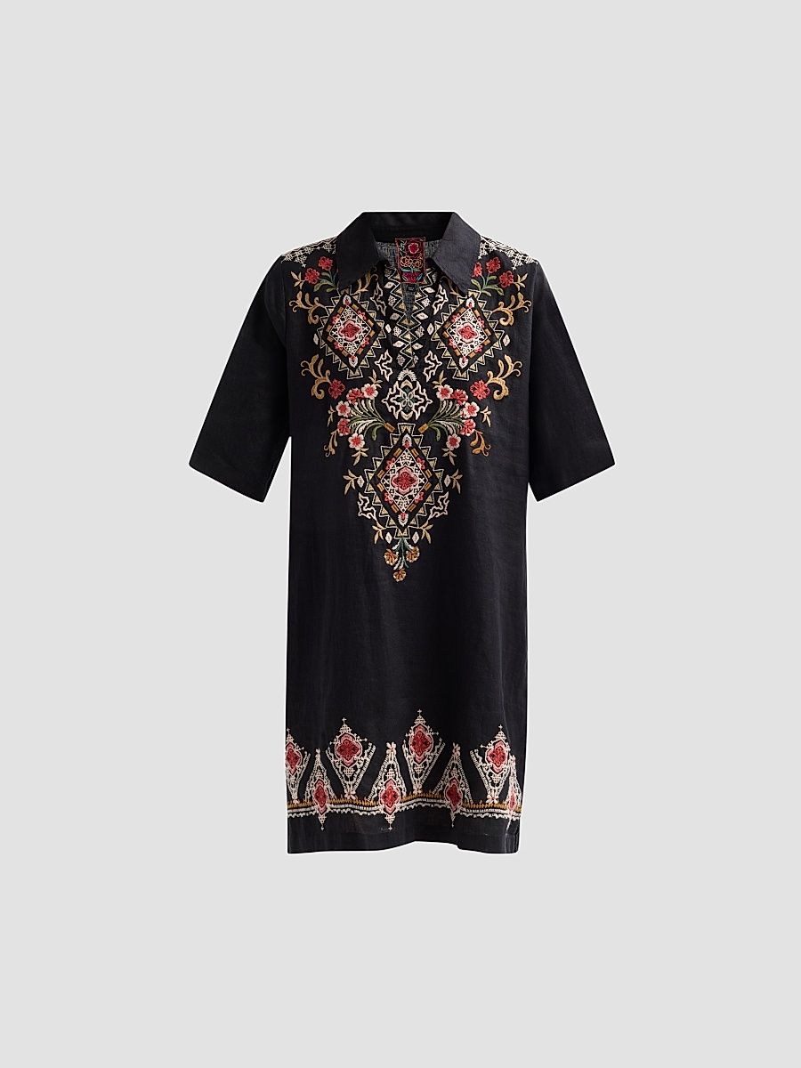 Johnny Was Women's Tamira Linen Relaxed Henley Tunic Dress - Black - Size XL