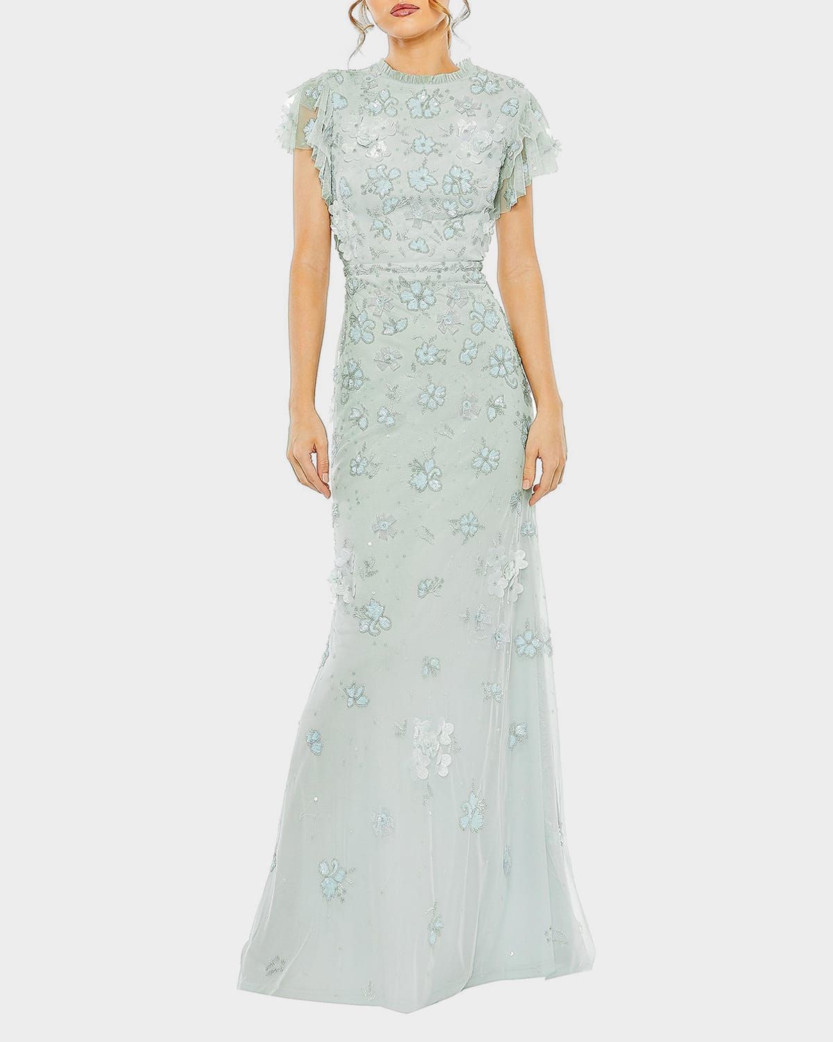 Flutter-Sleeve Beaded Applique Gown