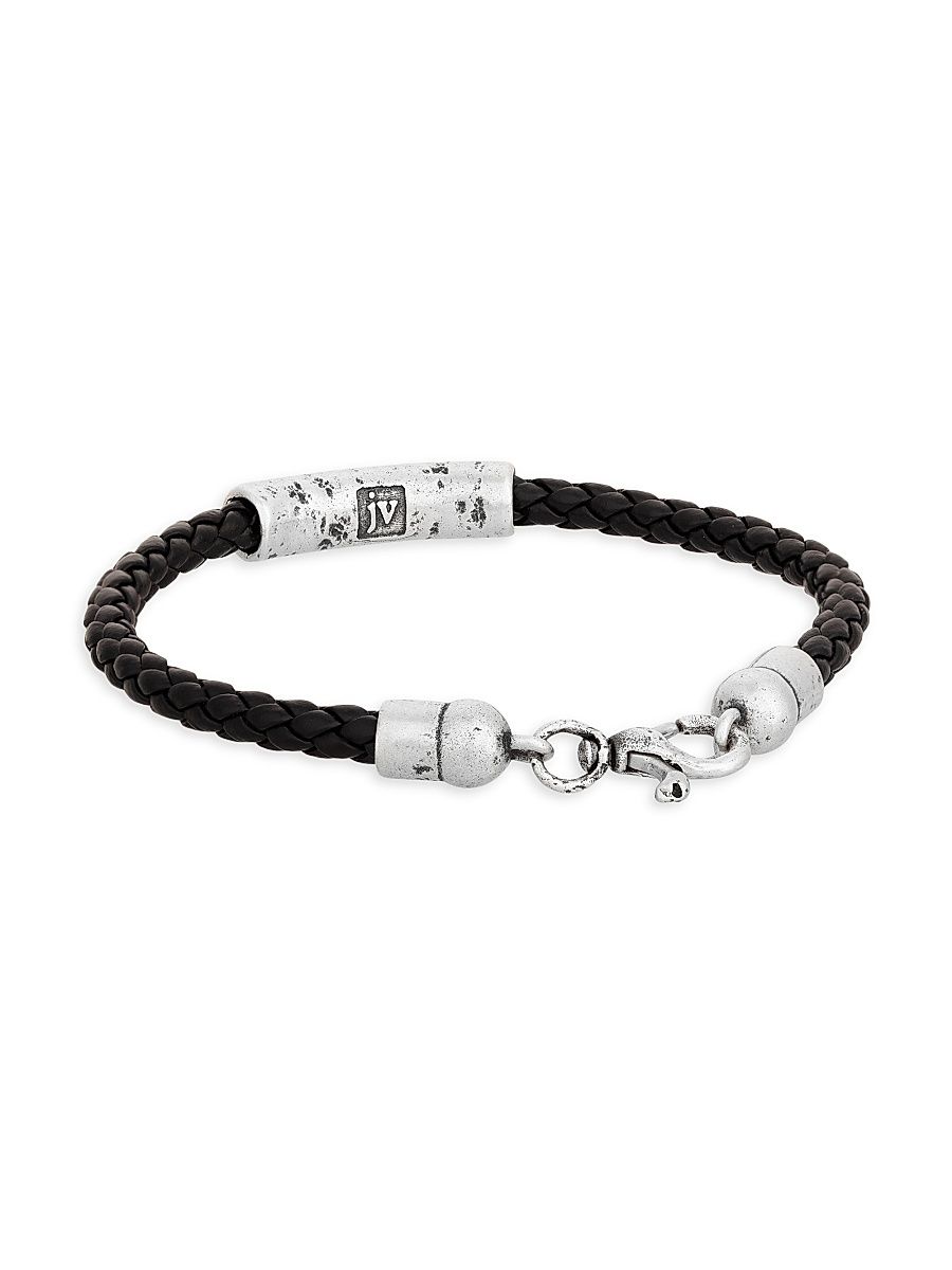 Men's Artisan Logo-Detail Sterling Silver Leather Braided Bracelet - Silver