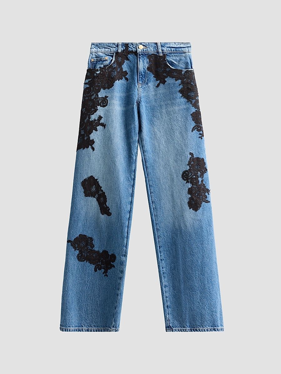 Women's Bambie Lace Appliqué Straight Jeans - Heirloom Indigo - Size 32