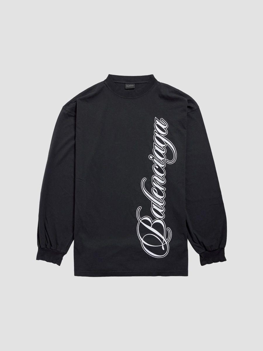 Balenciaga Men's Cursive Long Sleeve Large Fit T-Shirt - Washed Black White - Size Large
