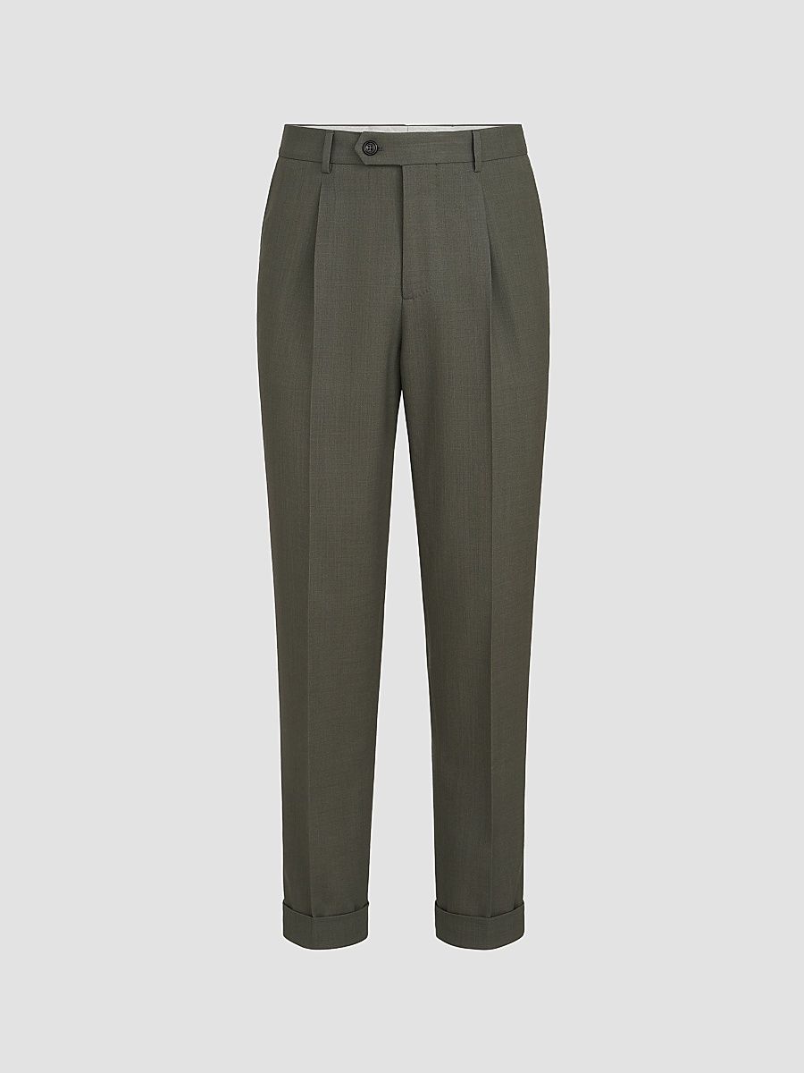 Men's Virgin Wool Canvas Trousers with Pleats - Forest - Size 46