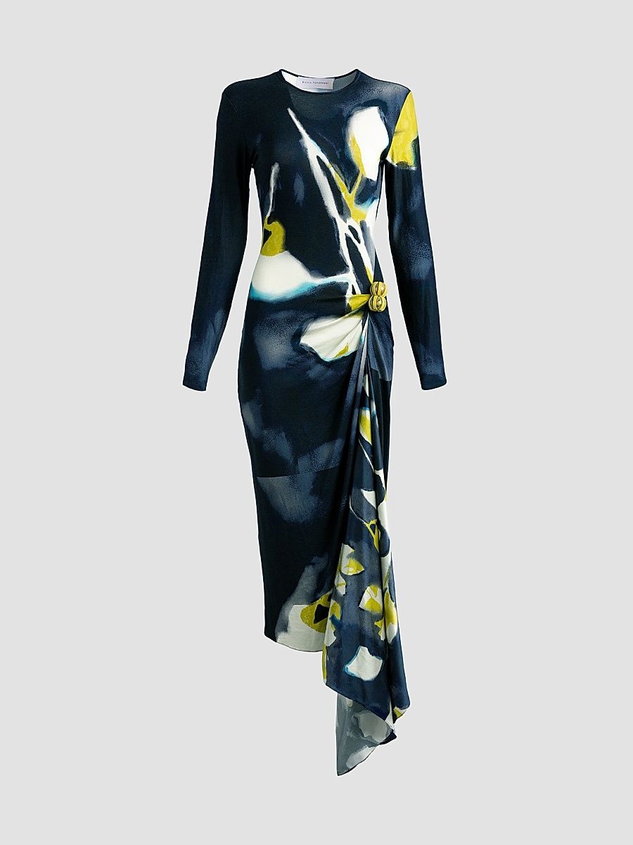Women's Ananya Printed Draped Midi Dress - Navy - Size XL