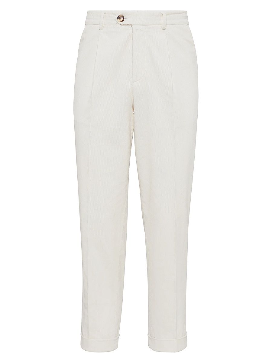 Men's Dyed Trousers in Cotton Narrow Wale Corduroy with Pleat - Off White - Size 48