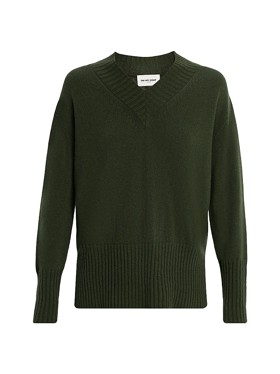 Women's Side-Slit V-Neck Cashmere Sweater - Khaki - Size Large