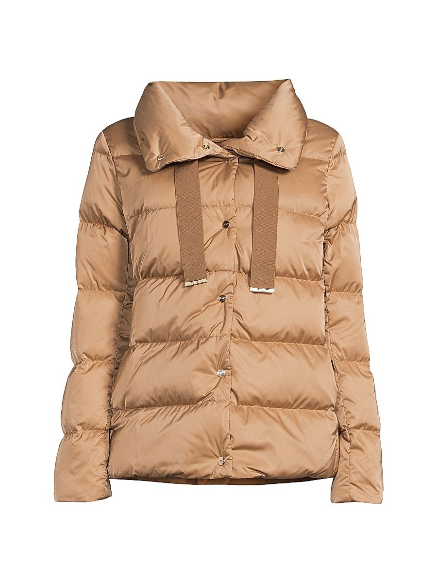 Women's Sateen Drawstring Down Puffer Jacket - Camel - Size 10