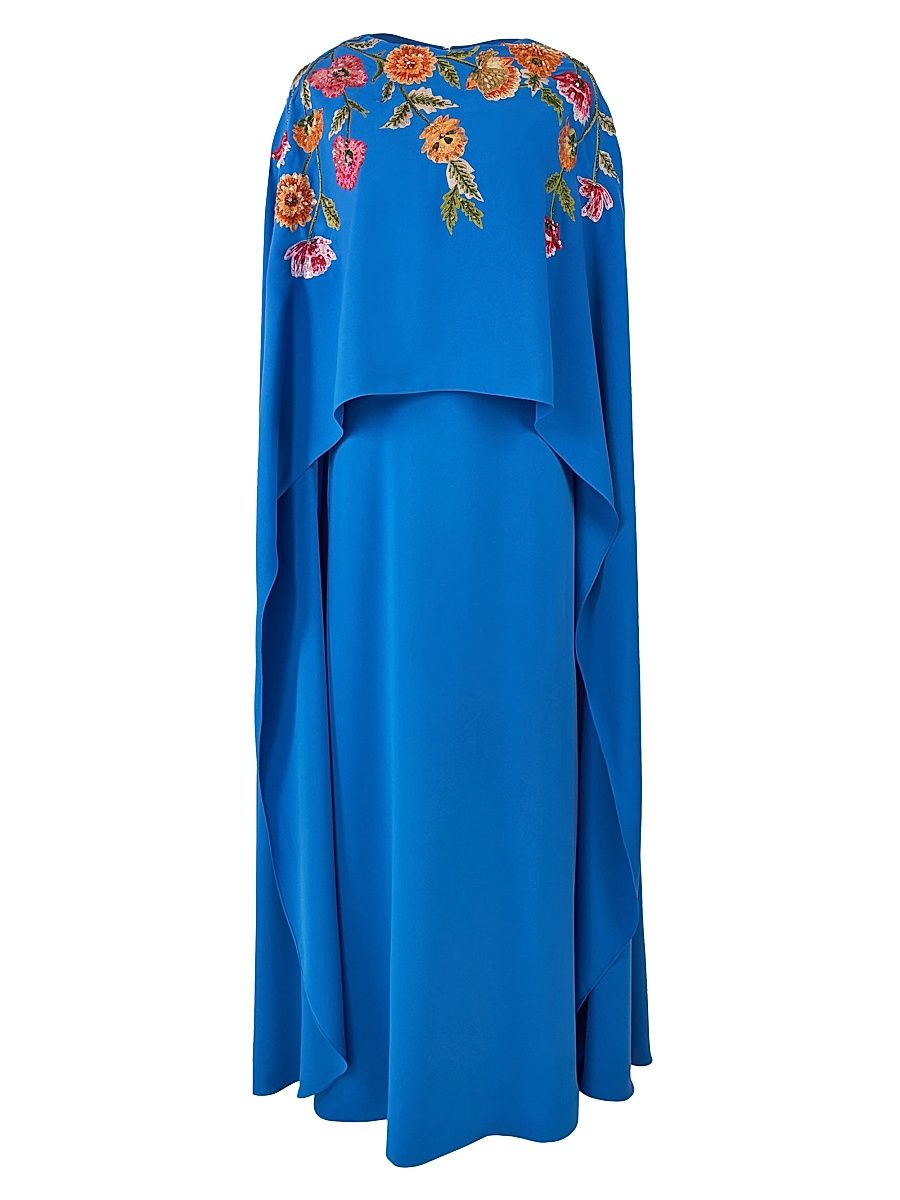 Women's Floral-Embroidered Cape Caftan-Inspired Gown - Bluebell Multi - Size Medium