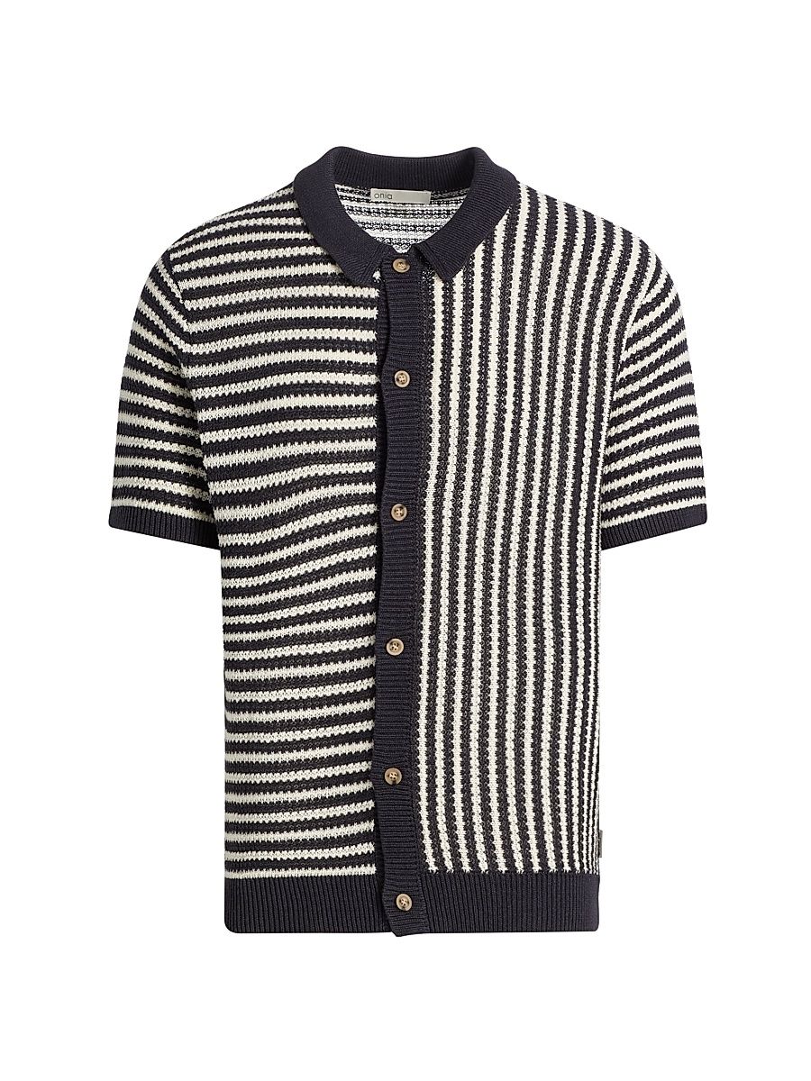 Men's Contrast Striped Linen Shirt - Midnight Egret - Size Small