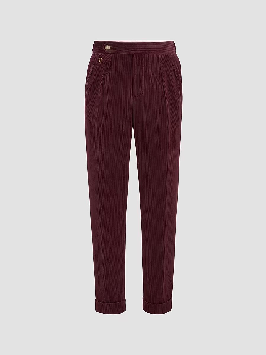 Men's Comfort Cotton and Cashmere Corduroy Trousers with Double Pleats - Burgundy - Size 38