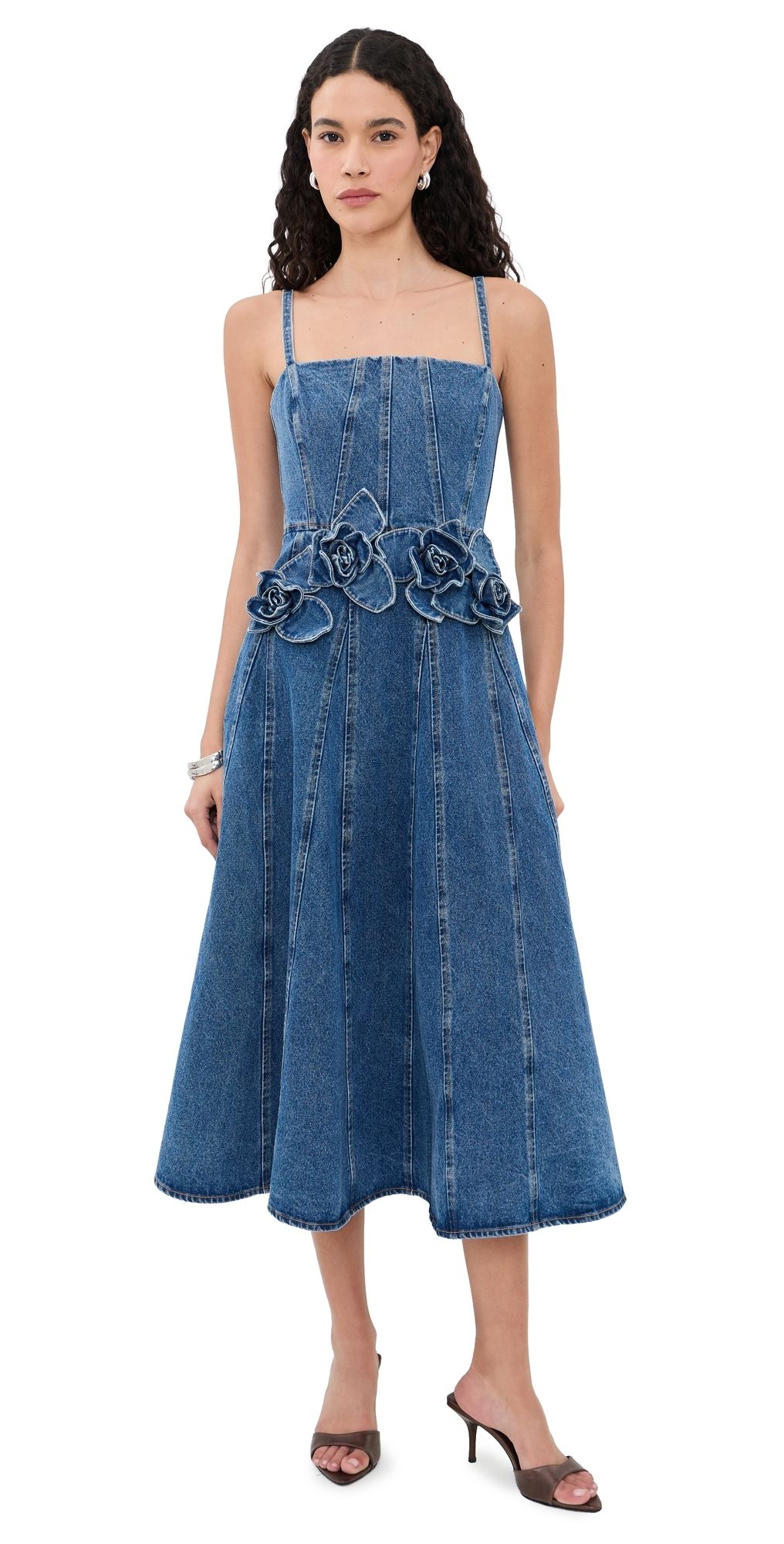 AKNVAS Eryn Denim Midi Dress with 3D Roses Blue Denim 4