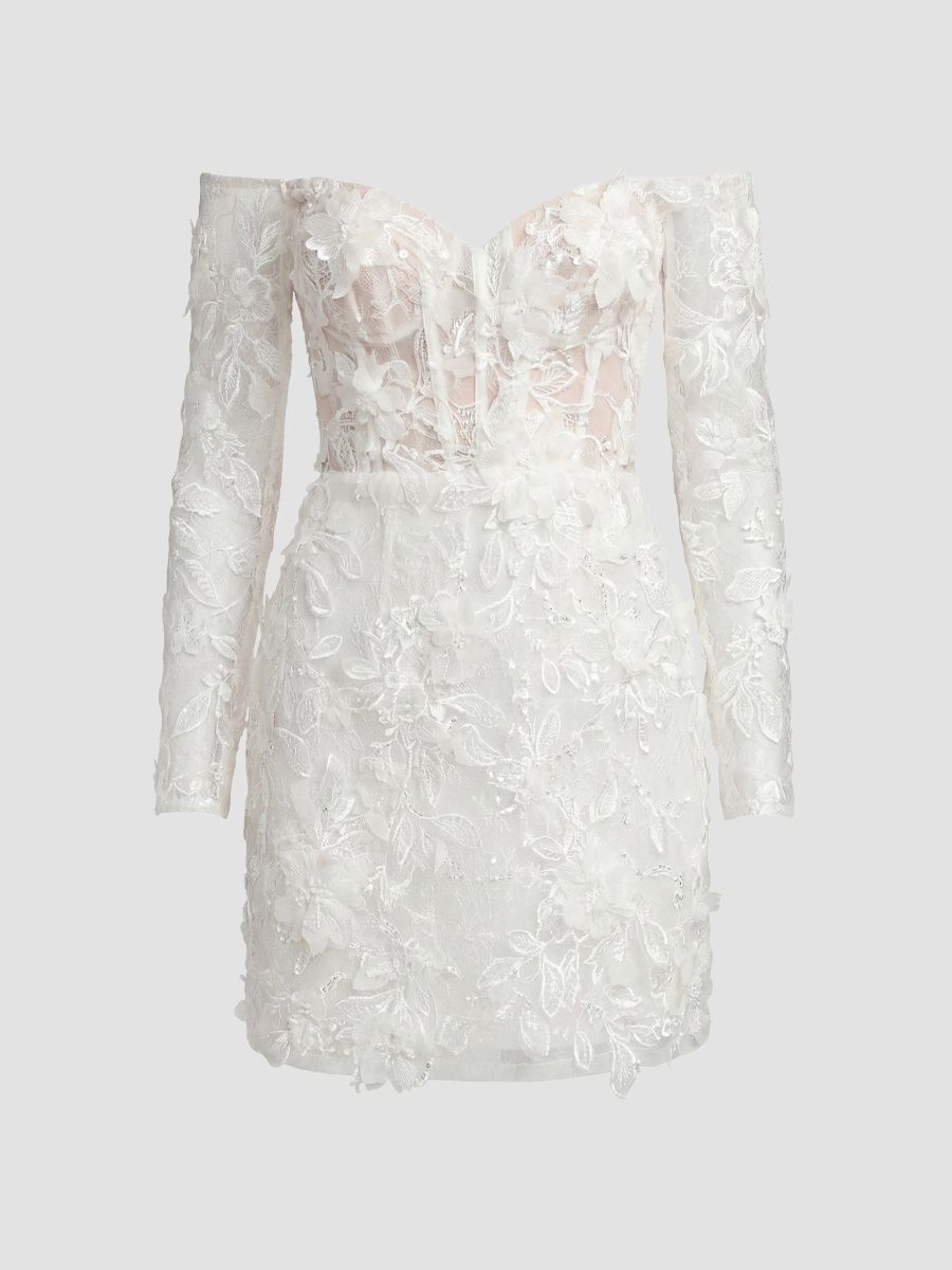 Mac Duggal Women's Lace Off-the-Shoulder Long-Sleeve Mini Dress - Ivory - Size 12