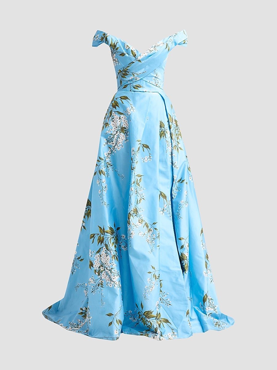 Women's Floral Silk Taffeta Off-the-Shoulder Ballgown - Horizon Blue Multi - Size 6