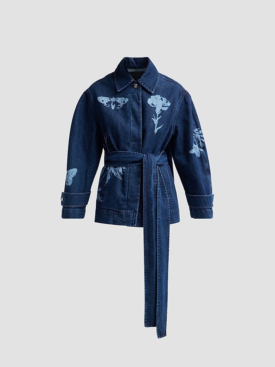 Women's Indigo Denim Floral Jacket - Tattoo Elements Mid Blue Wash - Size Medium
