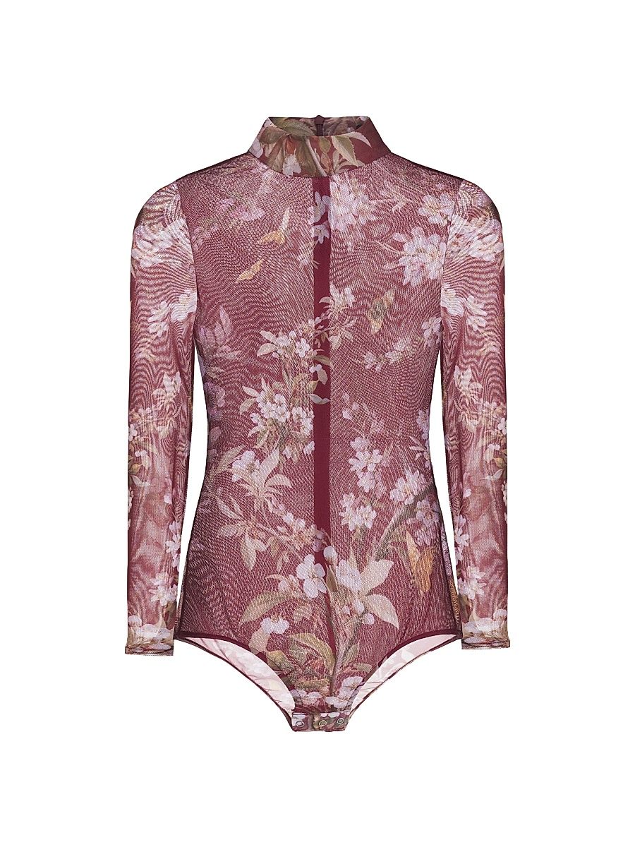 Women's Delicata Floral Mesh Bodysuit - Dark Red - Size XS