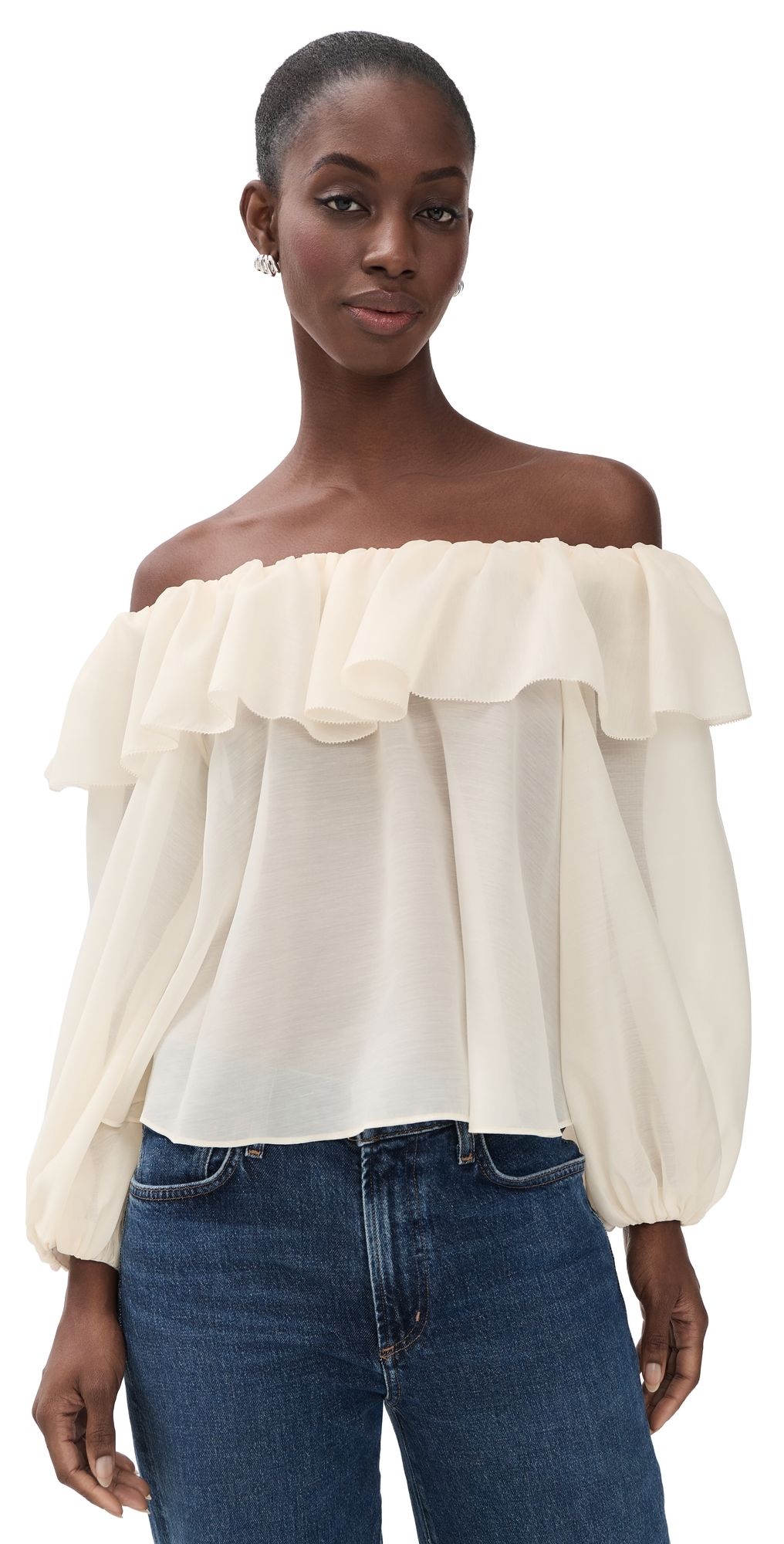 ALICE + OLIVIA Alta Off Shoulder Ruffle Blouse Dark Chocolate S