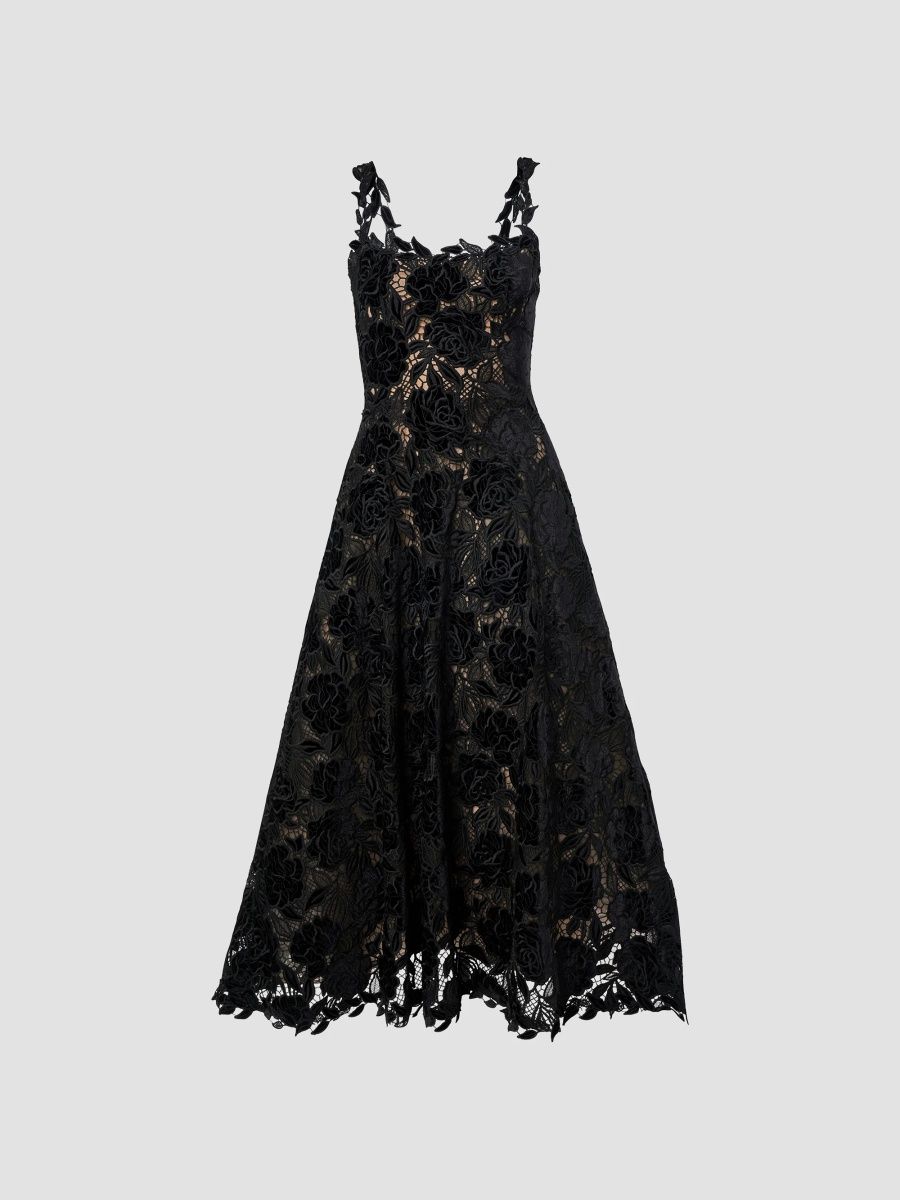 Carolina Herrera Women's Chalet Floral Guipure Lace Scoopneck Midi Dress - Black - Size 14