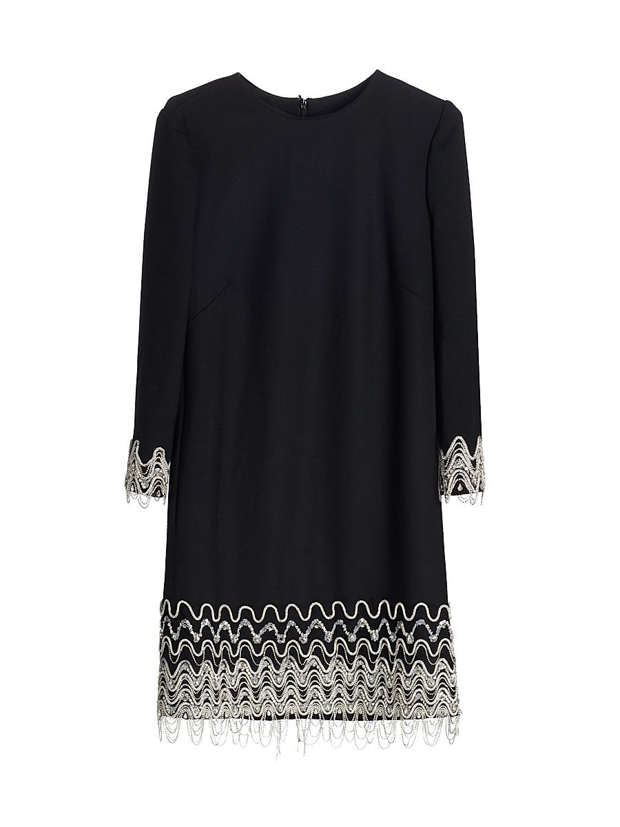 Women's Crystal Wave-Embroidered Long-Sleeve Cocktail Dress - Black - Size 8