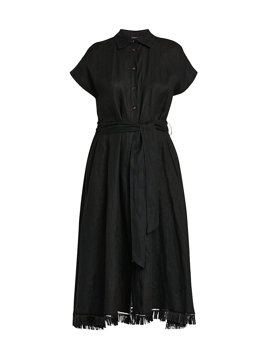 Women's Linen Tie-Waist Midi-Shirtdress - Black - Size 12