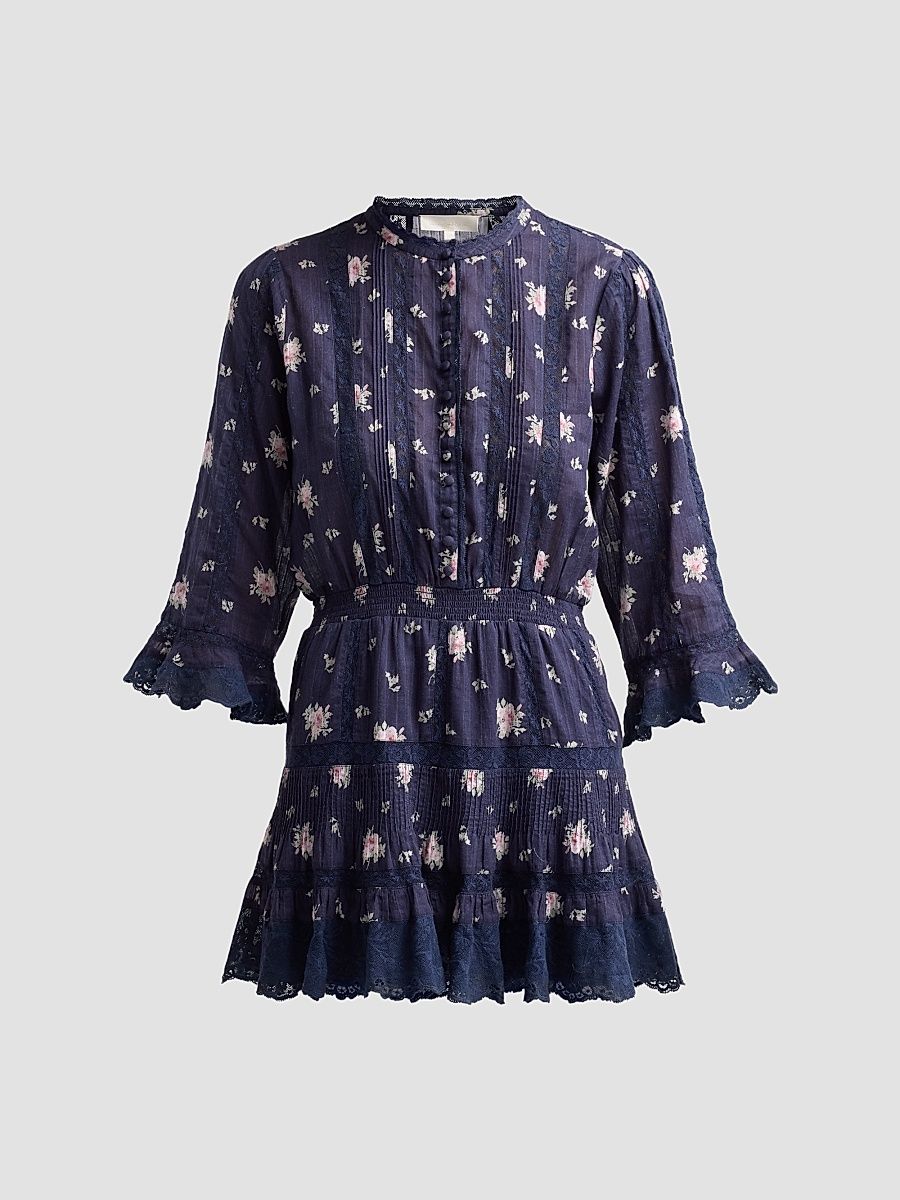 Women's Vesna Lace-Trim Floral Cotton A-Line Mini Dress - Inkwash - Size XL
