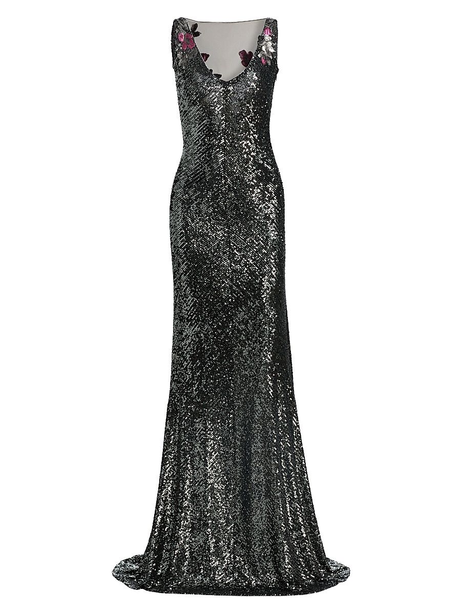 Women's Floral Sequined Sleeveless Gown - Gunmetal Multi - Size 8