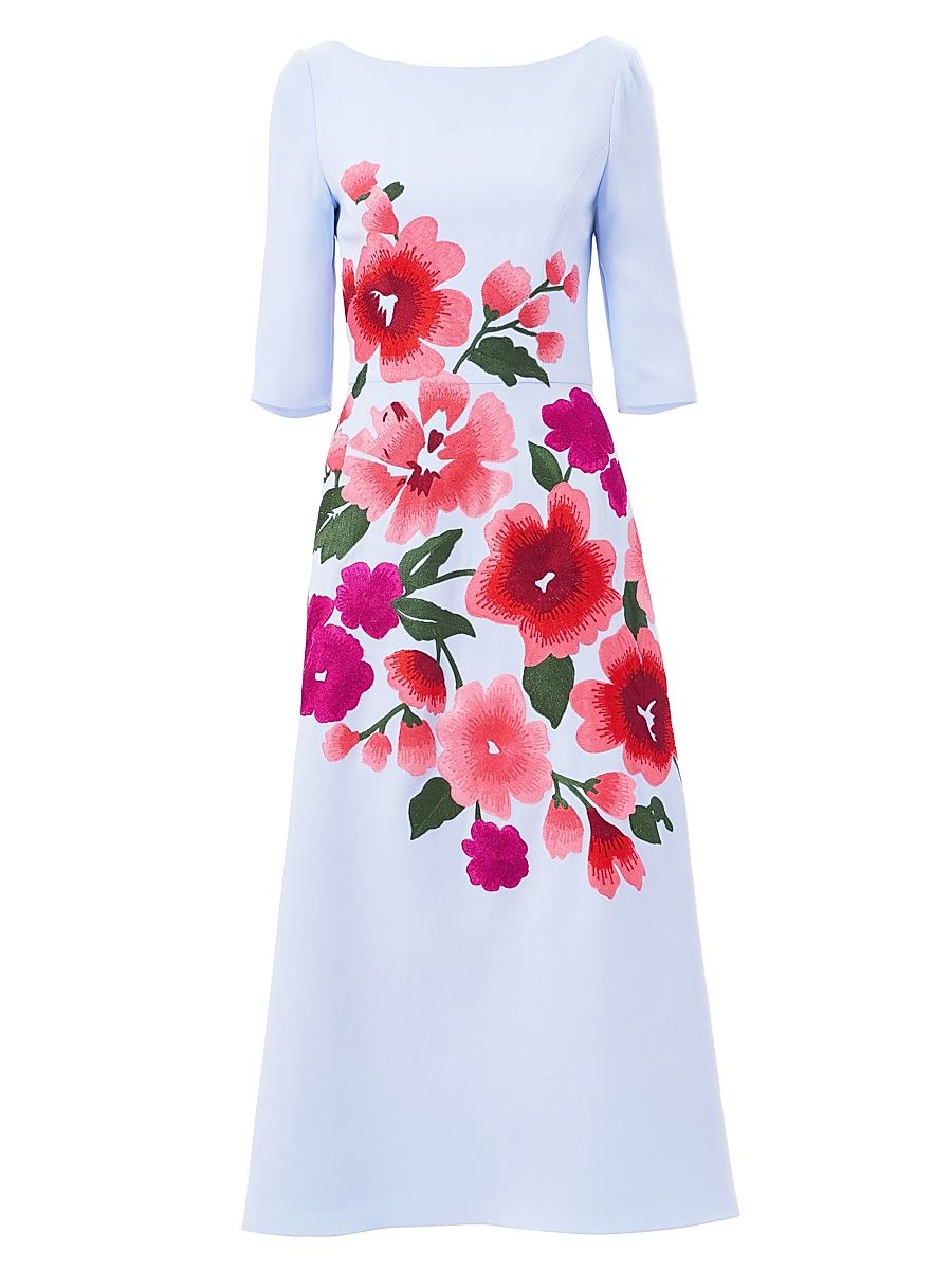 Women's Embroidered Boatneck Elbow-Sleeve Midi-Dress - Celeste Multi - Size 4