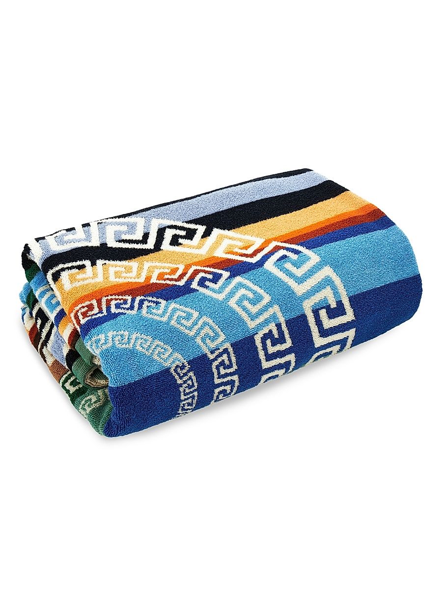 Striped Greca Cotton Jacquard Cotton Beach Towel - Blue Multicolor