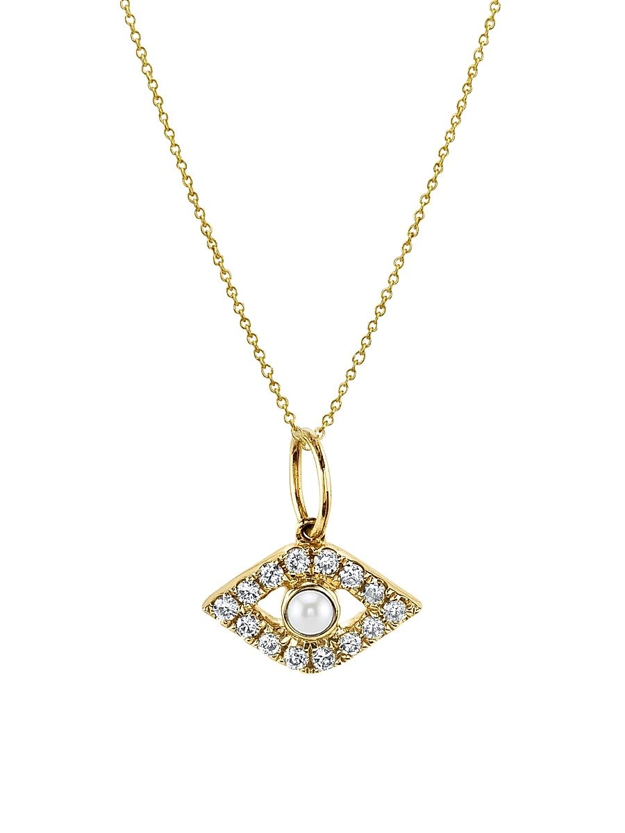Women's 14K Yellow Gold, Cultured Freshwater Pearl & 0.11 TCW Diamond Evil Eye Pendant Necklace