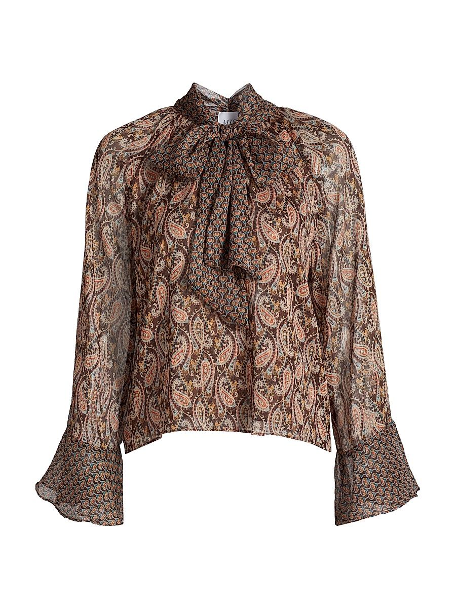 Women's Maris Paisley Chiffon Tieneck Blouse - Brown Paisley Mix - Size Large