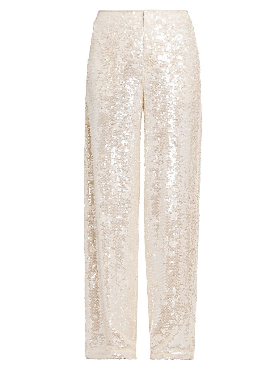 Women's Sequined Straight-Leg Pants - Ivory - Size 8