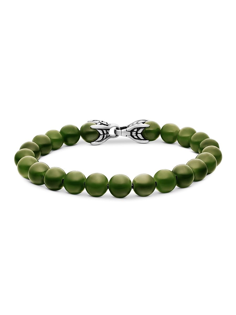 Men's Spiritual Beads Bracelet in Sterling Silver - Nephrite - Size 7.5