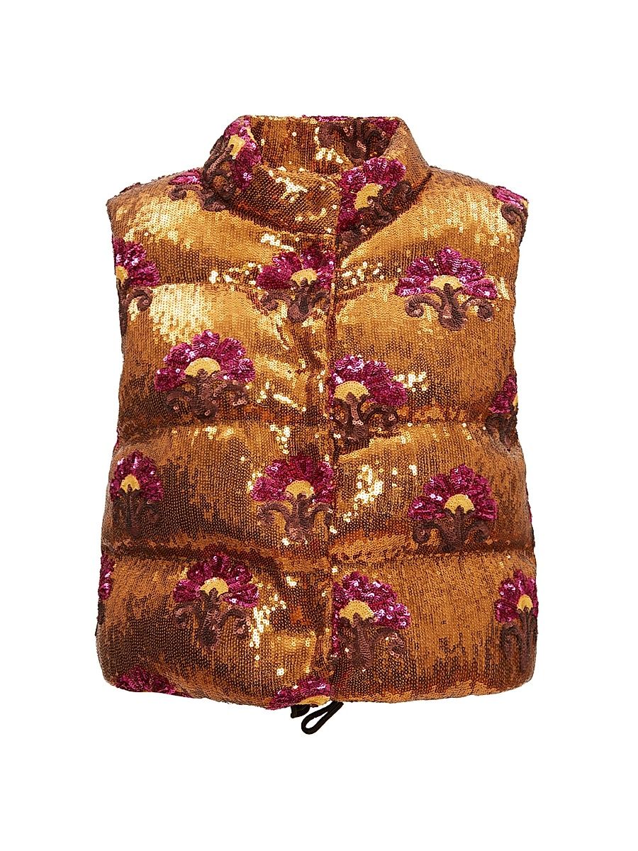 Women's Bonbon Puffer Vest - Textured Sequins Rust - Size XS