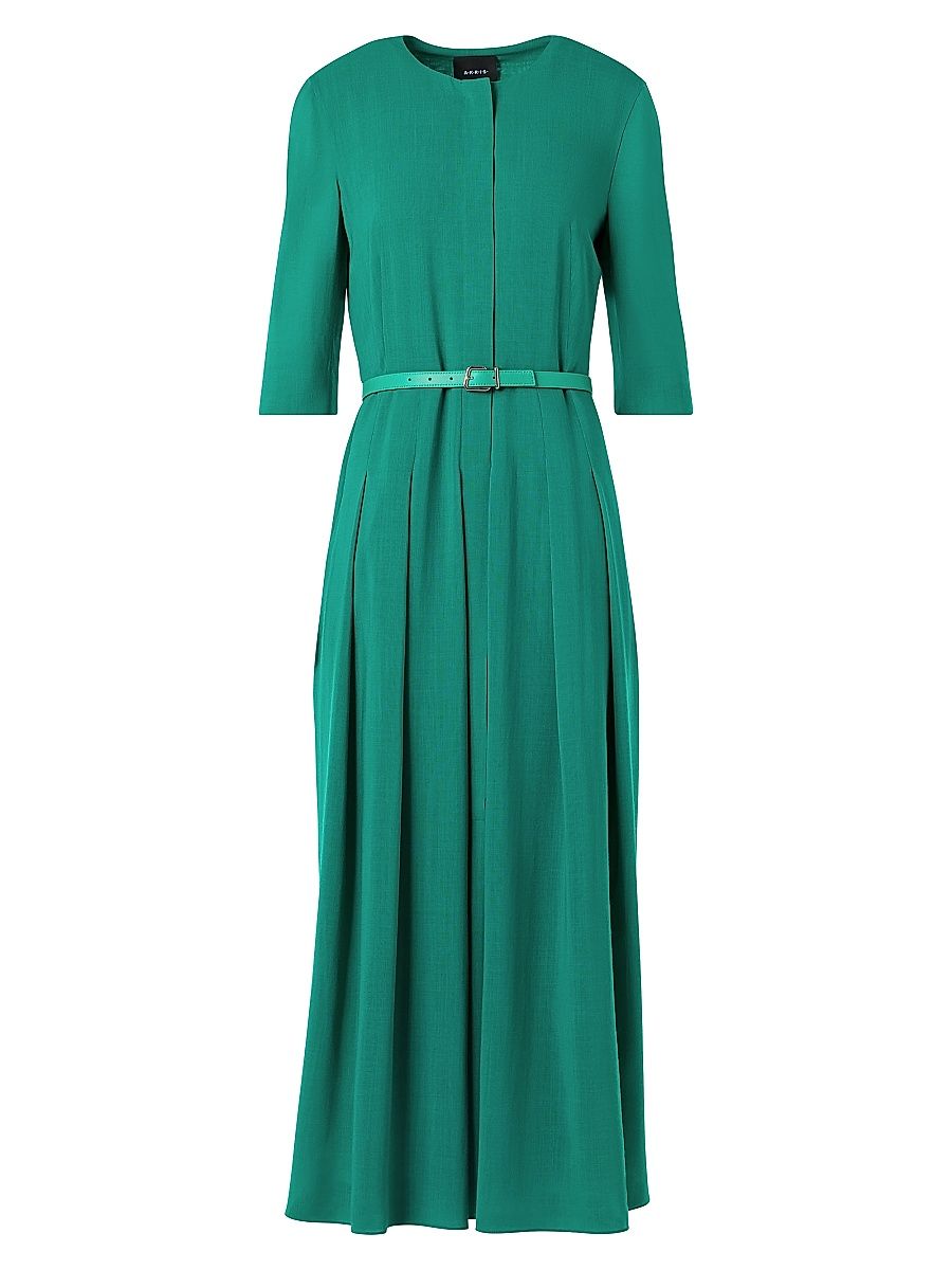Women's Belted Wool Pleated Midi-Dress - Tourmaline - Size 10