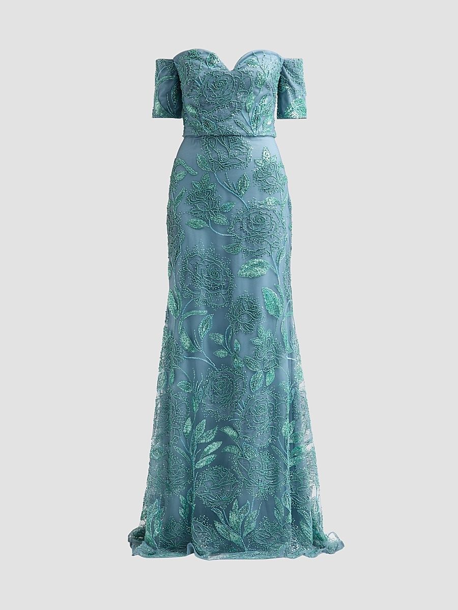 Women's Turin Floral Beaded Off-The-Shoulder Gown - Blue Overcast - Size 10