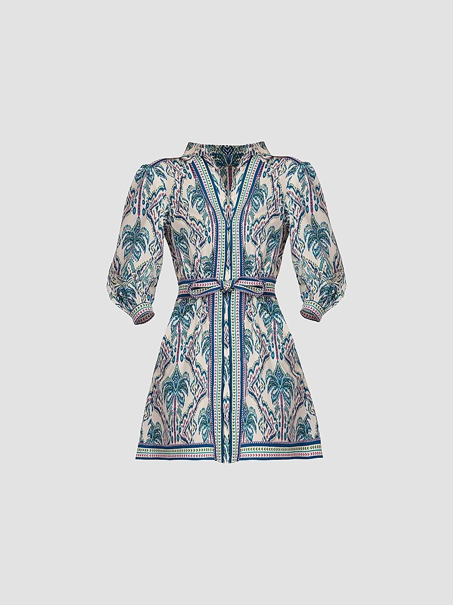 Shoshanna Women's Vesey Tapestry Print Mini Shirtdress - Ivory Blue Multi - Size 14
