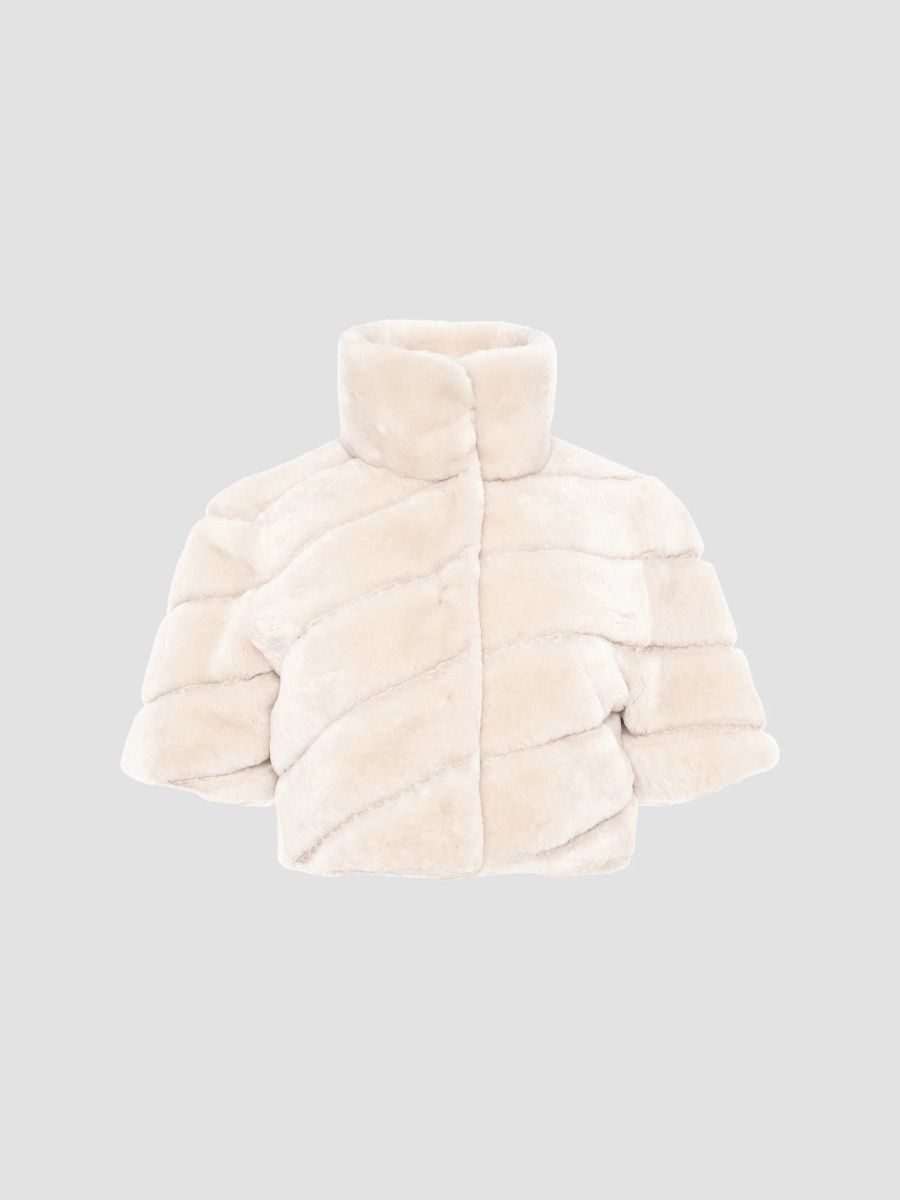 Gorski Women's Select Shearling Lamb Diagonal Bolero with Cropped Sleeves - Cream - Size Large