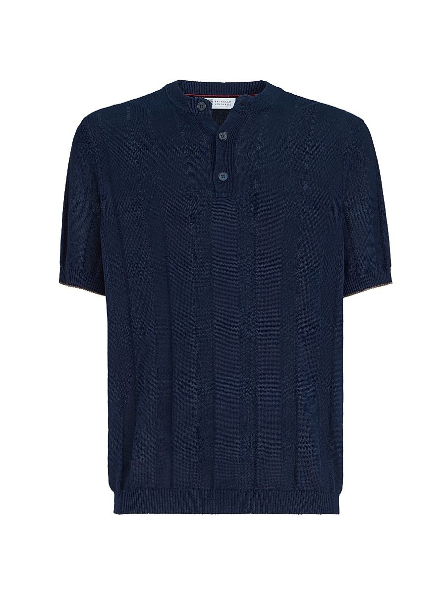 Men's Linen and Cotton Textured Rib Knit T-Shirt with Henley Collar - Navy Blue - Size 46