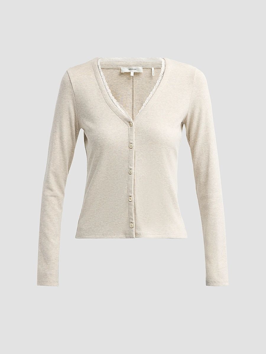FRAME Women's Ribbed-Trim Cardigan - Oatmeal Heather - Size XS