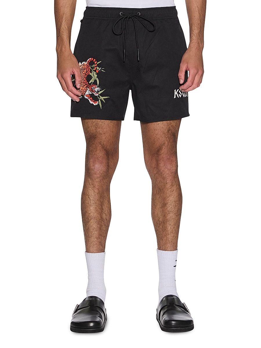 Men's Stay Up Embroidered Logo Cotton Fleece Shorts - Black - Size Small