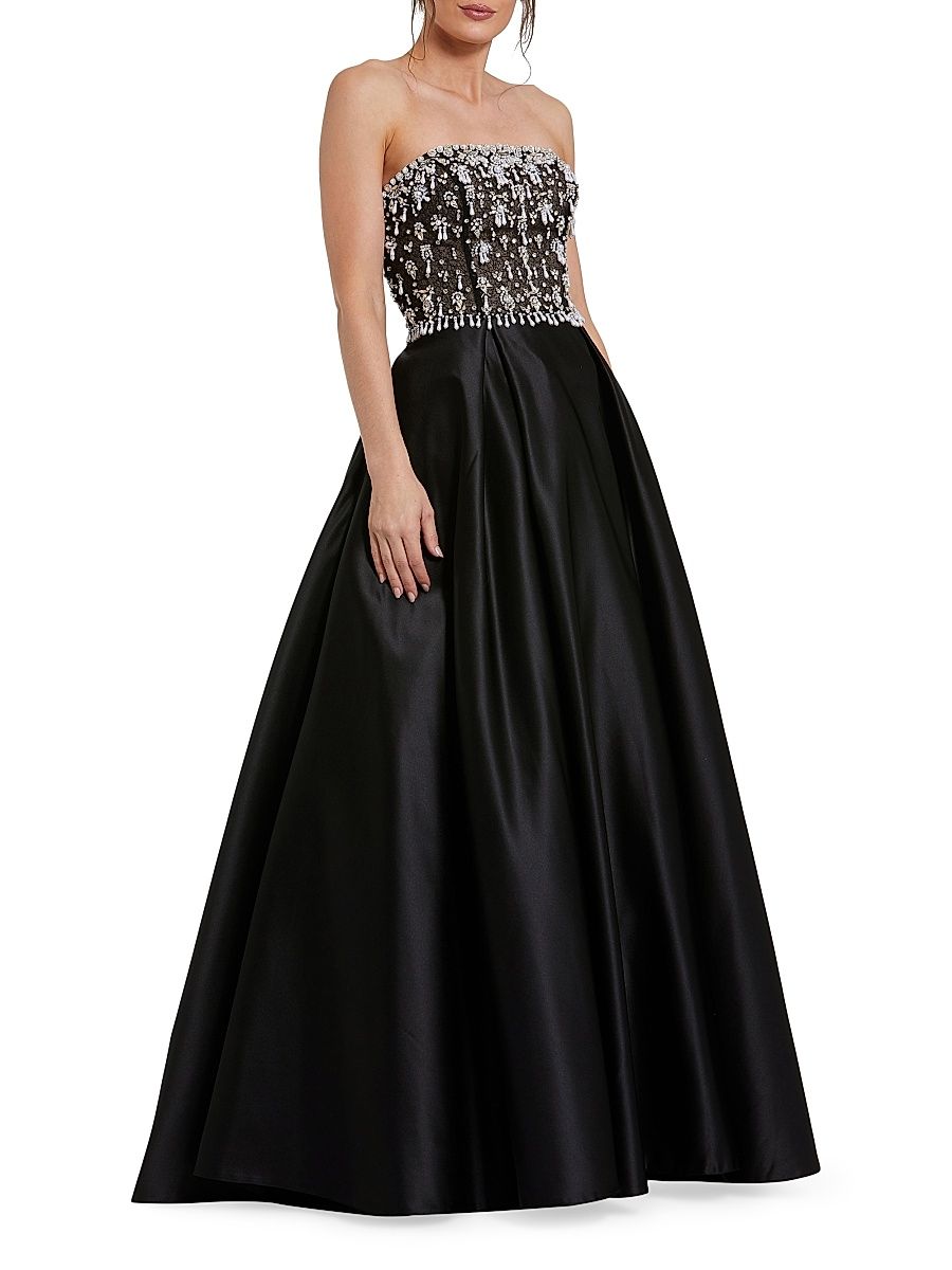 Women's Satin Embellished Strapless Ballgown - Black Ivory - Size 16